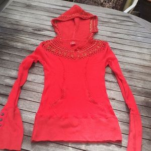 Free people red embroidered long sleeve with hood